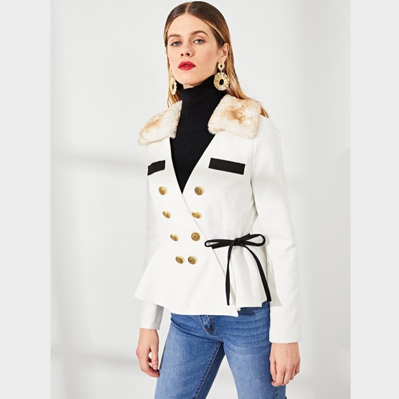 White Peplum Coat Jacket Faux Fur Wrap Style - Picture 2 of 5